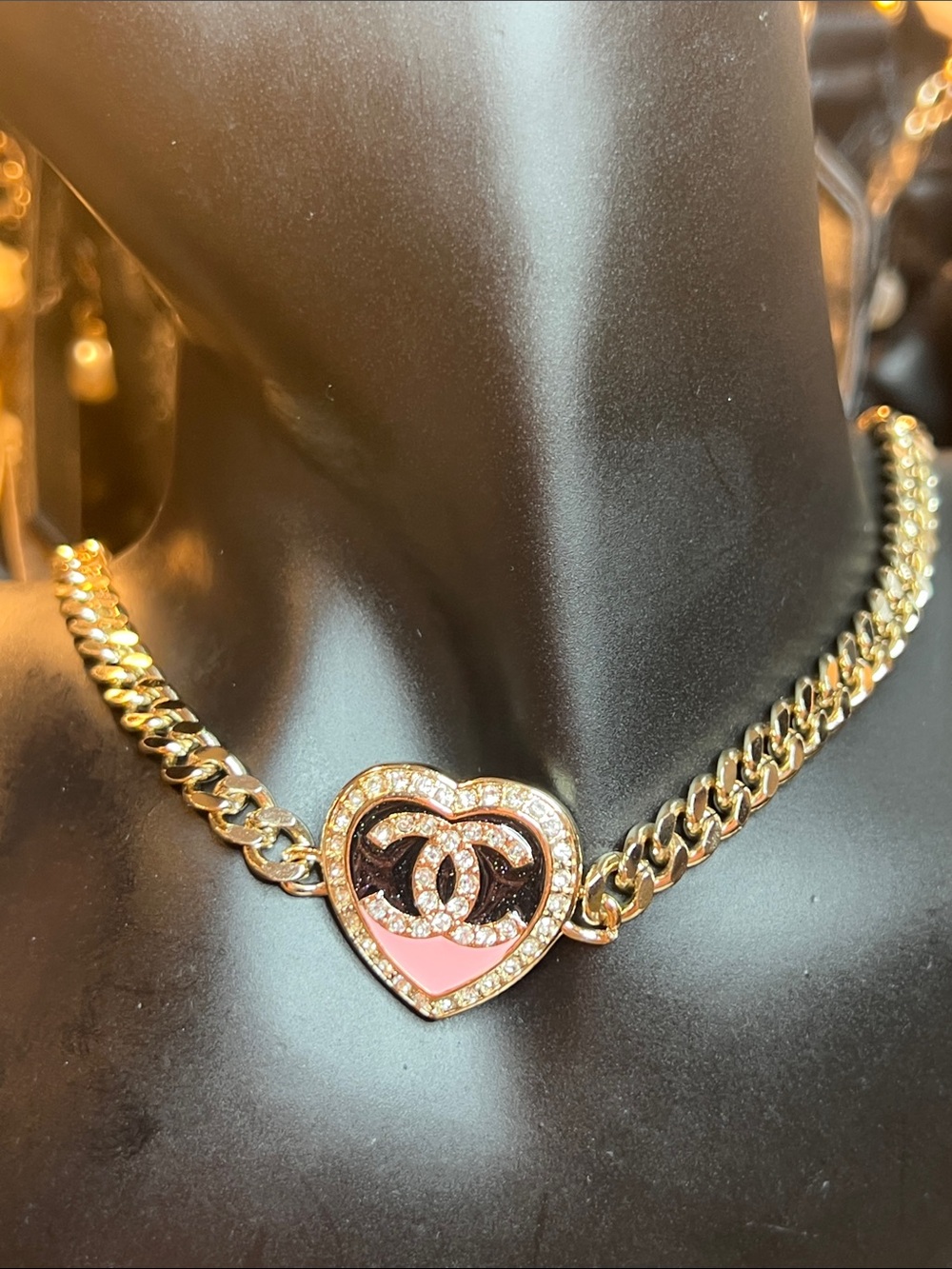 Gold Stainless Steel Chain Necklace with Pink and Black Heart Logo Pendant